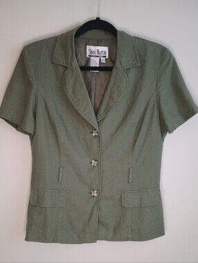 Vtg Linen Blend Olive Green Short-Sleeve Notch Collar Blazer
